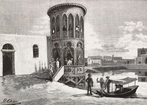Et maurisk lille tårn, der huser klubben af de italienske officerer, Massawa, Eritrea, gravering fra en tegning af Quinto Cenni og en skitse af Pieragostini, fra L