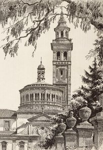 Beata Vergine dei Miracoli Sanctuary, Saronno, Italien, gravering fra en tegning af Quinto Cenni, fra L