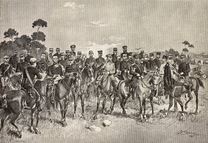 Udenlandske hærofficerer besøger italienske soldater i Lombardiet, Italien, gravering fra en tegning af Quinto Cenni, fra L