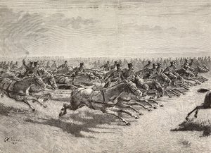 Hesteartilleri af den italienske hær passerer i fuld galop, Lombardiet, Italien, gravering fra en tegning af Quinto Cenni, fra L