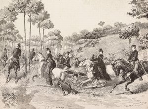 Jagtrejse ved den milanesiske jagt, Italien, gravering fra tegning af Quinto Cenni, fra L