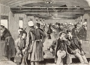Italienske soldater i tog på vej til Napoli, Italien, anden italiensk ekspedition i Rødehavet, gravering fra tegning af Quinto Cenni og skitse af M Dal Don, fra L