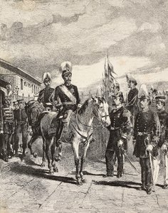 Japansk hær: Infanterisoldater, stabschefer, generalmajor, kavaleri, viceadmiral, infanterikaptajn, skytte, Japan, gravering fra tegning af Quinto Cenni, fra L