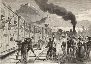 Mænd og kvinder siger farvel til italienske soldater, der tager afsted fra Cassino-banegården, Italien, gravering fra tegning af Quinto Cenni og skitse af M Dal Don, fra L