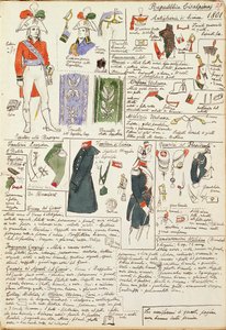 Militære uniformer på den cisalpine republiks tid fra 1801. Farveplade af Cenni Quinto af Quinto Cenni