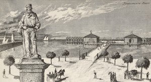 Monument til minde om Giuseppe Garibaldi (1807-1882), italiensk politiker og patriot, og badeanstalt i baggrunden, Cesenatico, Italien af Quinto Cenni