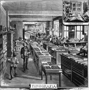 Treves brødres kontorer, typografi og overlejring, Milano, Italien, illustration af Quinto Cenni (1845-1917) fra L