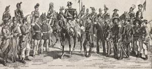 Piemontesisk hær i 1859: infanterister, artillerister, ingeniører, grenaderer, officerer, generaler, spydmænd, kavalerister, riffelmand, gravering fra tegning af Quinto Cenni, fra L