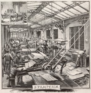 Trykkeri i Fratelli Treves forlag, Milano, Italien, gravering fra tegning af Quinto Cenni, fra L