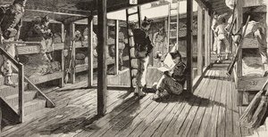 Soldater under dæk i sovesal, skib Principe Amedeo, italiensk ekspedition i Rødehavet, Italien, gravering fra tegning af Quinto Cenni og skitse af M Dal Don, fra L