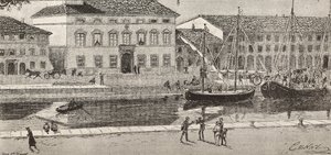 Rådhuset og havnekanalen, Cesenatico, Italien, gravering fra en tegning af Quinto Cenni og en skitse af Ulisse Topi, fra L
