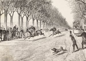 Tre modstandsofficerer, der deltager i hestevæddeløb, Tredje Savoy-regiment, mellem Milano og Monza, Italien, gravering fra tegning af Quinto Cena, fra L