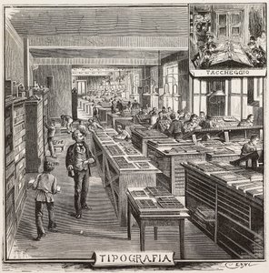 Typografi i Fratelli Treves forlag, Milano, Italien, gravering fra tegning af Quinto Cenni, fra L