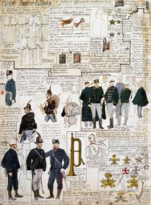 Uniformer af Kongeriget Italien mellem 1896 - 1897, plade fra Cenni Codex, samling af militærskitser i akvarel af Quinto Cenni