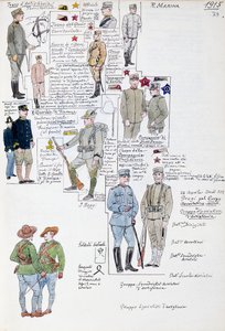 Uniformer af Kongeriget Italien i 1915, plade fra Cenni Codex, samling af militærskitser i akvarel af Quinto Cenni
