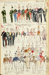Forskellige uniformer fra Kongeriget Napoli fra 1814. Farveplade af Cenni Quinto af Quinto Cenni