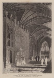 Helligdommen for biskop Foxe, grundlægger af Corpus Christi College, Oxford, i Winchester Cathedral (gravering) af R. (after) Essex