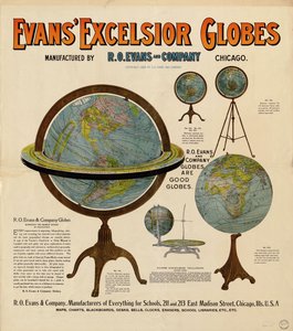 Annonceplakat for glober har repræsentationer af 5 glober og noget beskrivende tekst af R. O. Evans And Company