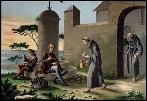 Ankomsten af Christopher Columbus (1451-1506) med sin søn ved klosteret la Rabida, fra The Discovery of America, udgivet i Barcelona i 1878 (farve litho) af R. Puiggari
