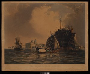 Dreadnought 104 kanoner, hospitalsskib for søfolk fra alle nationer, fortøjet i Themsen ud for Greenwich, 20. juni 1831 af R. W. Price