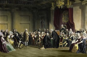 Benjamin Franklin (1706-1790), amerikansk filosof, fysiker og statsmand over for Lords of the Privy Council, Whitehall Chapel, London af R. Whitechurch