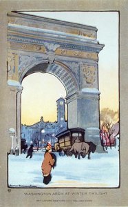 Washington Square Arch ved Winter Twilight, postkort, ca. 1914 (farve litho) af Rachael Robinson (after) Elmer