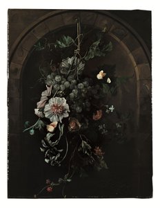 En buket af vindruer, stokroser, iris, katost, afrikanske morgenfruer, klematis, en hestekastanje og brombær med sommerfugle og andre insekter ophængt foran en stenbue. af Rachel Ruysch