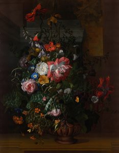 Roser, konvolvulus, valmuer og andre blomster i en urne på en stenlænge af Rachel Ruysch