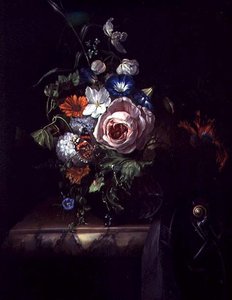 Roser og andre blomster i en glasskål (olie på lærred) af Rachel Ruysch