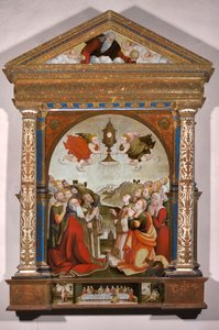 Altertavle med tilbedelse af det hellige sakramente i predellaen: Den sidste nadver, Sankt Sebastian og Sankt Rochus af Raffaele De (fl.1514 1573) Pancalino