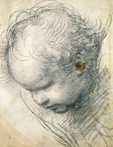Hovedet af en Cherub (sort kridt og trækul på papir) af Raffaello Sanzio Raphael