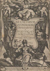 Frontispice med en trompetist klingende trompeter siddende oven på en kartouche flankeret af tr..., 1606.
