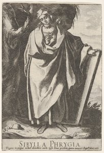 Plade 9: den frygiske sibylle, der holder toppen af en tablet med venstre hånd og peger mod..., 1609.
