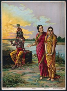 Krishna erklærer sin kærlighed til Radha via en fortrolig, efter 1900 (farve litho)