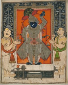 Præster, der tilbeder Krishna som Shrinathji til Mountain of Food -festivalen [Annakuta utsava]; helligdom hængende [pichhavai] af Rajasthan Kota school