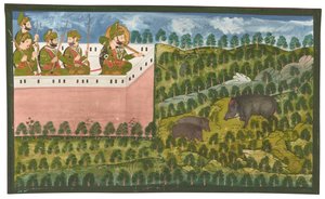 Et maleri af Maharana Jawan Singh (r.1821-38) på jagt efter vildsvin