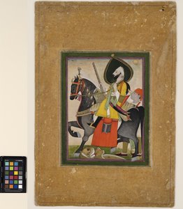 Bakhtawar Singh erobrer en løve, ca. 1800 (ugennemsigtig akvarel og guld på papir)