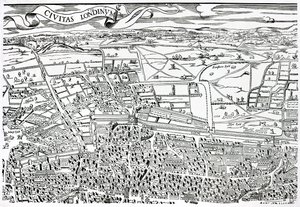 Detalje af London nord for byen fra Civitas Londinium (træbloktryk)