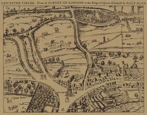 Leicester Fields, fra en undersøgelse af London under dronning Elizabeths regeringstid af Ralph Agas