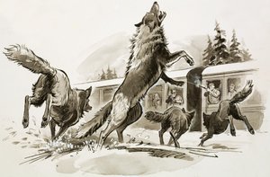 Passagerer i et snedækket tog kæmper mod sultne ulve (gouache på papir)