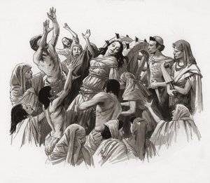 Sankt Katharina bliver tortureret på hjulet (gouache på papir) af Ralph Bruce