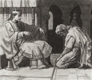 Walteof, jarl af Northumbria foran kong William I (gouache på papir) af Ralph Bruce