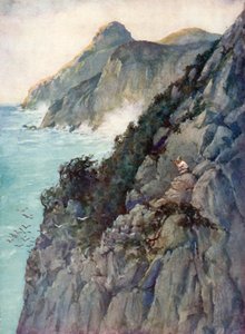 Illustration til Robinson Crusoe af Daniel Defoe (farve litho)