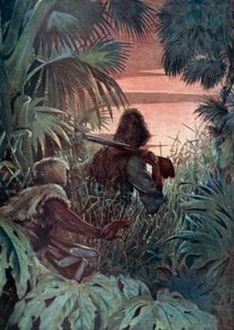 Illustration til Robinson Crusoe af Daniel Defoe (farve litho)