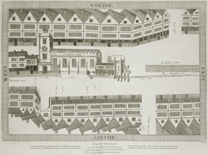 West Cheap som det så ud i 1585, graveret af Bartholemew Howlett (1767-1827), udgivet 1814 af Ralph Treswell