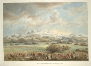 Lord og Lady Hastings, på elefanter, passerer foran Himalaya nar Kashipur