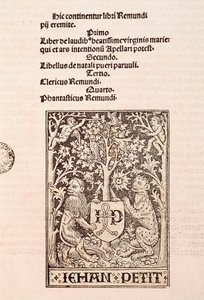 Side i kodeksen "De Laudibus Beatissimae Virginis Mariae" af Ramon Llull (1235-1315), der forestiller to løver, der holder våbenskjoldet af trykkeren Jehan Petit af Ramon Llull