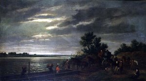 En vogn og heste kommer ind i en færge på floden Leck i Holland om natten