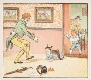 Babyspurv pakket ind i kaninskindet, fra The Hey Diddle Diddle Picture Book, pub.1882 (farvegravering) af Randolph Caldecott