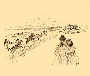 Tilskuere ser på, når John Gilpin jages på tværs af landet, 1878, c1918. af Randolph Caldecott